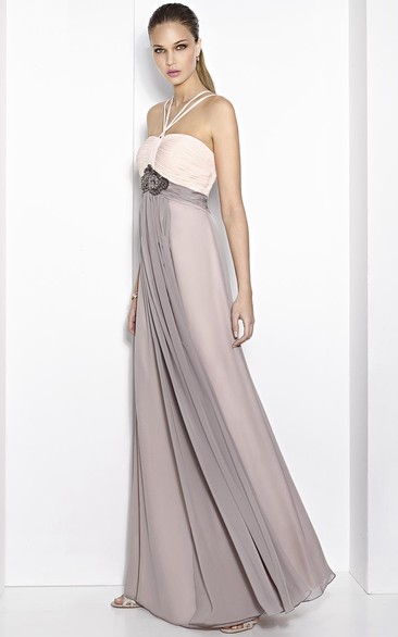 Sheath Strapped Empire Sleeveless Floor-Length Ruched Prom Dress With Waist Jewellery