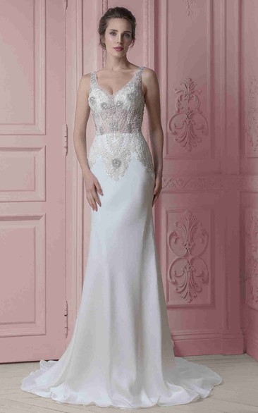 Sheath Sleeveless Maxi V-Neck Beaded Stretched Satin Wedding Dress