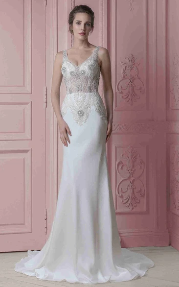 Sheath Sleeveless Maxi V-Neck Beaded Stretched Satin Wedding Dress
