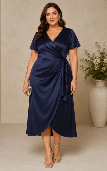 Plus Size Dark Navy Satin Wrap Tea-Length Dress
