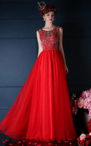 A-Line Scoop Beaded Long Prom Dress