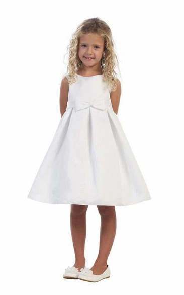 Knee-Length Split Pleated Tiered Satin Flower Girl Dress With Split Front