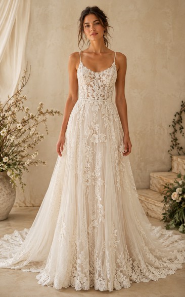 Boho A-Line Wedding Dress Sleeveless Scoop Neck Tulle Lace Applique Floor Length Chapel Train Ivory