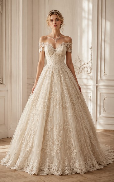 Vintage Off-the-Shoulder Lace Cathedral Ball Gown
