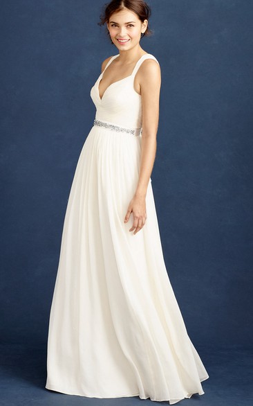 A-Line Maxi Jeweled Sleeveless V-Neck Chiffon Wedding Dress With Pleats