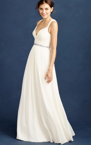 A-Line Maxi Jeweled Sleeveless V-Neck Chiffon Wedding Dress With Pleats