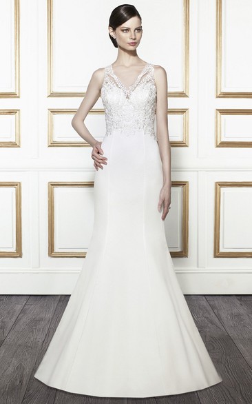 Trumpet Appliqued Sleeveless Floor-Length V-Neck Satin Wedding Dress With Brush Train And Illusion Back