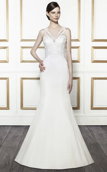 Trumpet Appliqued Sleeveless Floor-Length V-Neck Satin Wedding Dress With Brush Train And Illusion Back