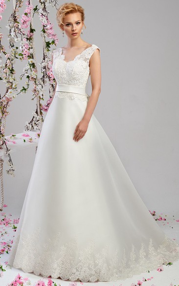 A-Line Sleeveless V-Neck Floor-Length Appliqued Satin Wedding Dress