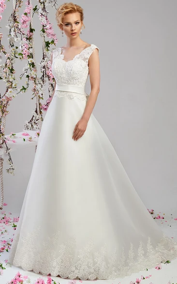 A-Line Sleeveless V-Neck Floor-Length Appliqued Satin Wedding Dress
