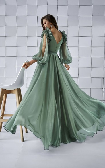 Warp Bodic Chiffon Long Dresses with Sash Bow Royal Blue Plus Size