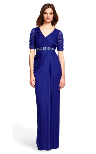 Sheath Short Sleeve V-Neck Beaded Chiffon Bridesmaid Dress
