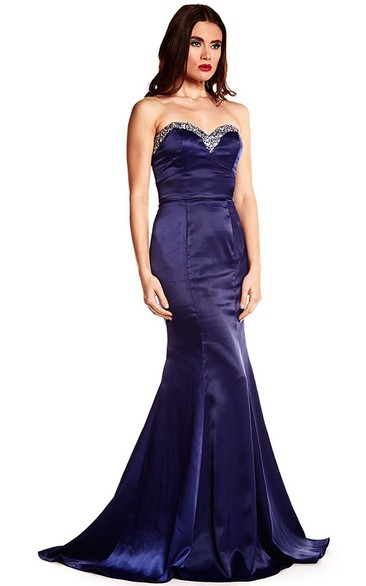 Trumpet Beaded Sleeveless Long Sweetheart Satin Prom Dress