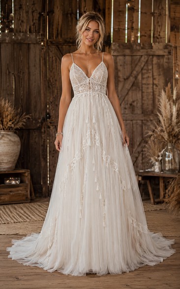Boho A-Line Wedding Dress Sleeveless V-Neck Tulle Lace Applique Floor Length Chapel Train Ivory