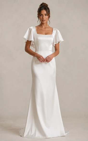 White Square Satin Sheath Wedding Dress with Ruffles