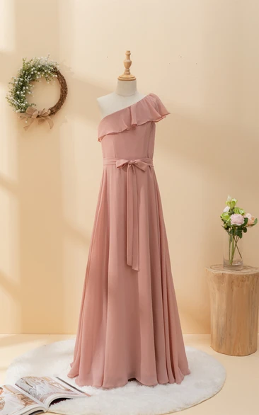 One-shoulder Asymmetrical Chiffon Pleated Floor-length Flowergirl Dress