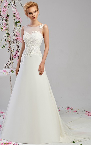 A-Line Bateau-Neck Appliqued Sleeveless Long Chiffon&Satin Wedding Dress