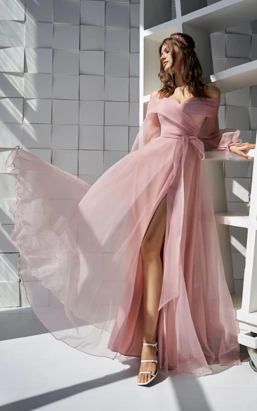 Blush Off-the-shoulder Tulle Front Split Puff-sleeve Dress with Strap