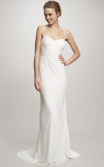 Maxi Spaghetti Beaded Chiffon Simple Wedding Dress With Sweep Train