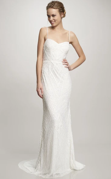 Maxi Spaghetti Beaded Chiffon Simple Wedding Dress With Sweep Train