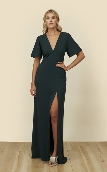 Front Split Bell Half Sleeve With A Keyhole Back Dress With Plunging Neckline