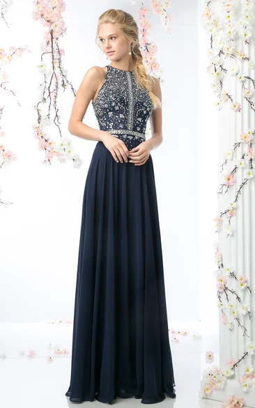 A-Line Jewel-Neck Sleeveless Chiffon Keyhole Dress With Beading And Pleats