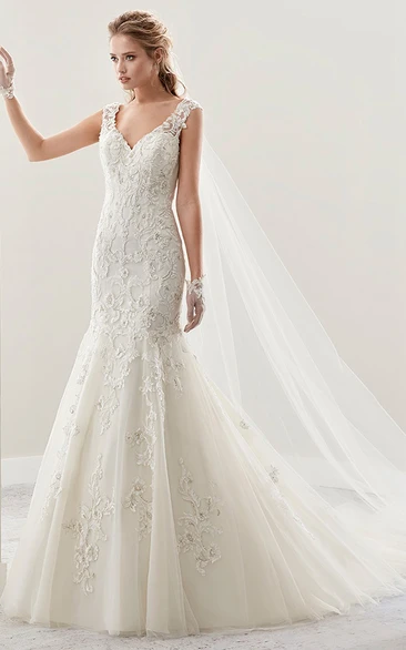 V-Neck Mermaid Lace Bridal Gown With Illusive Appliques Straps And Open Back