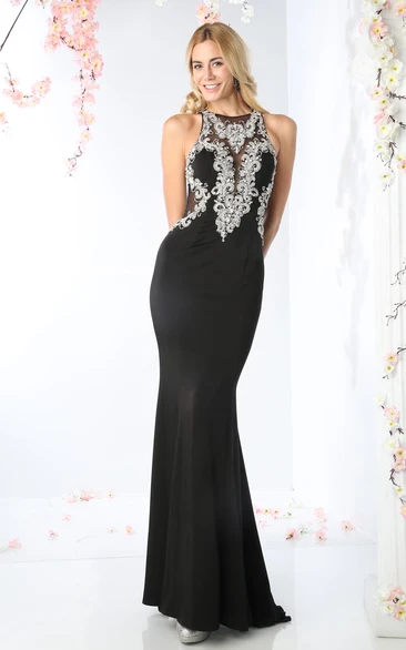 Sheath Jewel-Neck Sleeveless Jersey Illusion Dress With Beading