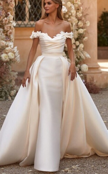 Off-the-shoulder Satin Sheath Ruched Wedding Dress with Flower and Watteau Train