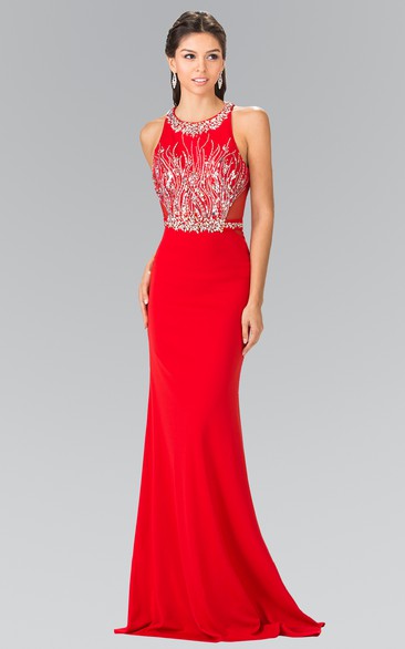 Sheath Scoop-Neck Sleeveless Jersey Keyhole Dress With Beading