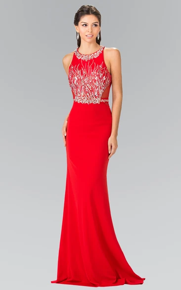 Sheath Scoop-Neck Sleeveless Jersey Keyhole Dress With Beading