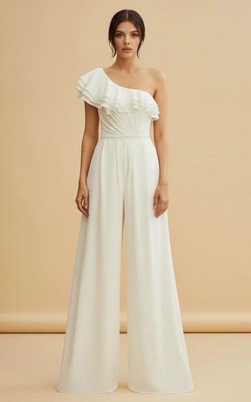 One Shoulder Ruffled Sleeveless Wide Leg Wedding Jumpsuit
