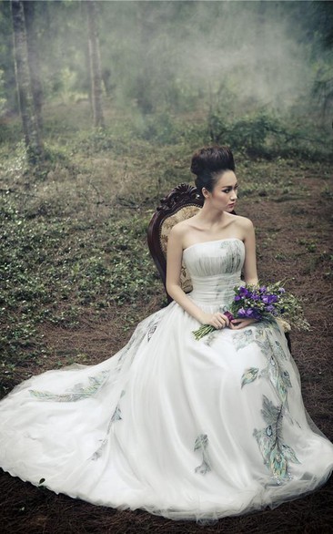 Newest Tulle Strapless Princess Wedding Dress Print Flower Court Train