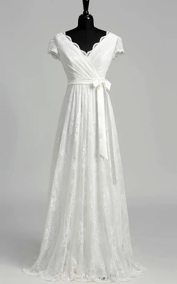 A Line Garden Cap Short Sleeve Wedding Dress