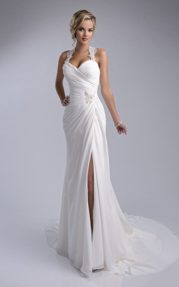Ruched Sheath Chiffon Beach Wedding Dress Featuring Halter And Side Slit
