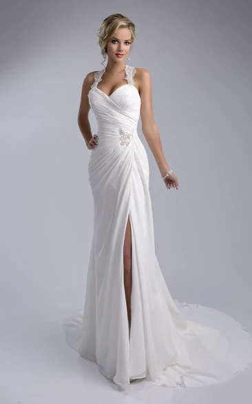 Ruched Sheath Chiffon Beach Wedding Dress Featuring Halter And Side Slit