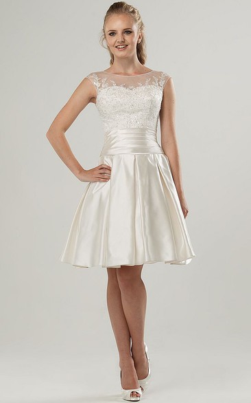 A-Line Sleeveless Scoop-Neck Short Satin Wedding Dress With Illusion