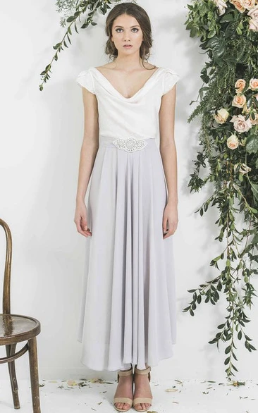 Ankle-Length Cowl Neck Pleated Cap Sleeve Chiffon Bridesmaid Dress