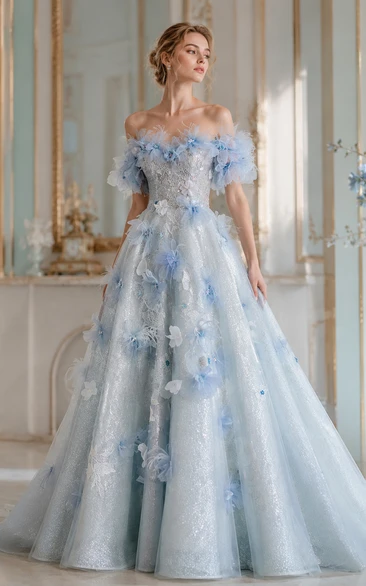 Light Blue Off-the-Shoulder Floral Ball Gown
