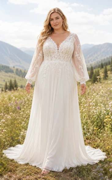 Plus Size elfenbeinfarbenes Chiffon-Hochzeitskleid in A-Linie mit V-Ausschnitt, langen Ärmeln und A-Linie