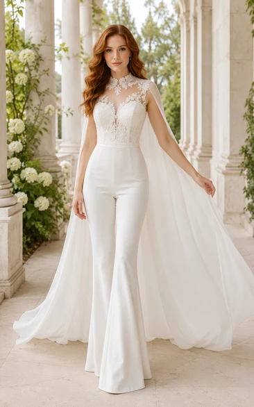 Combinaison de mariée blanche en dentelle avec corsage et traîne en mousseline.