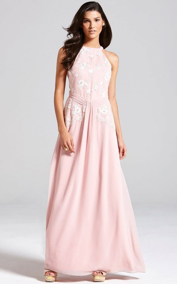 Floor-Length Floral Sleeveless High Neck Chiffon Bridesmaid Dress