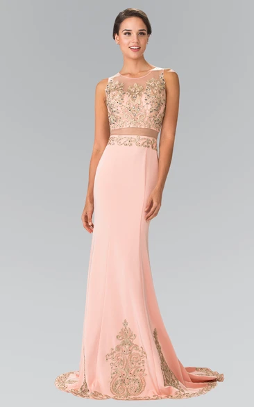 Sheath Scoop-Neck Sleeveless Jersey Illusion Dress With Beading