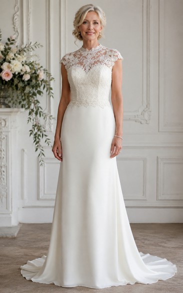 Illusion Lace Cap Sleeve Sheath Older Brides Wedding Dress with Sweep Train