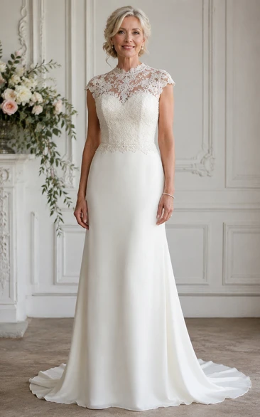 Illusion Lace Cap Sleeve Sheath Older Brides Wedding Dress with Sweep Train