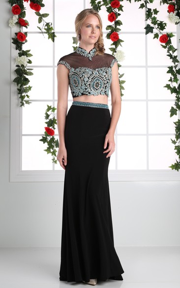 Sheath High Neck Cap-Sleeve Jersey Keyhole Dress With Beading