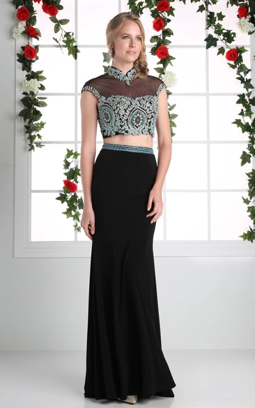 Sheath High Neck Cap-Sleeve Jersey Keyhole Dress With Beading