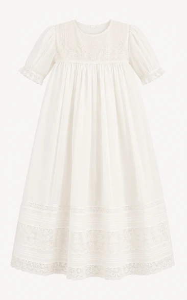 Baby Christening Gown Vintage Modest A-Line Short Sleeve Cotton Lace Tea-Length with Bow Sash in Cream