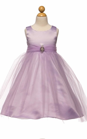 Tea-Length Beaded Tulle&Satin Flower Girl Dress With Broach