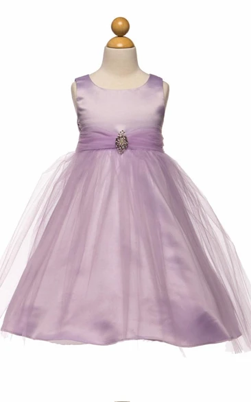 Tea-Length Beaded Tulle&Satin Flower Girl Dress With Broach